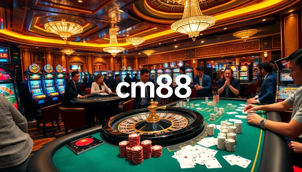 Experience the excitement of cm88 at a luxury casino gaming table with vibrant roulette wheels and poker chips.