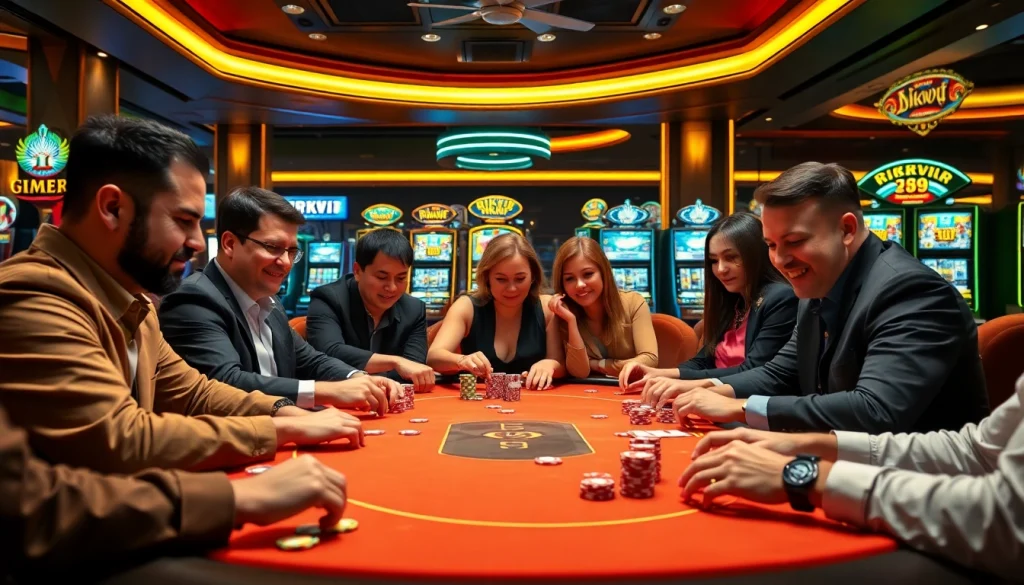 Experience excitement at the RIKVIP gaming table with intense players and colorful poker chips.