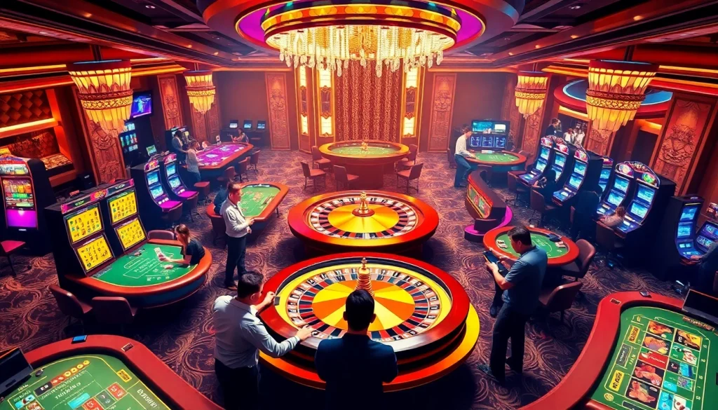 Experience thrilling gameplay at https://nk88zz.bio/ with an elegant casino scene showcasing poker and slot machines.