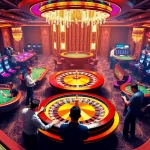 Experience thrilling gameplay at https://nk88zz.bio/ with an elegant casino scene showcasing poker and slot machines.