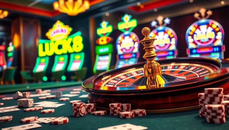 Trải nghiệm cảm giác hồi hộp của LUCK8 tại một casino sang trọng với roulette, poker và không khí trò chơi sôi động.