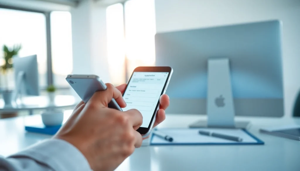 Complete your eta application uk on a smartphone in a bright office setting.