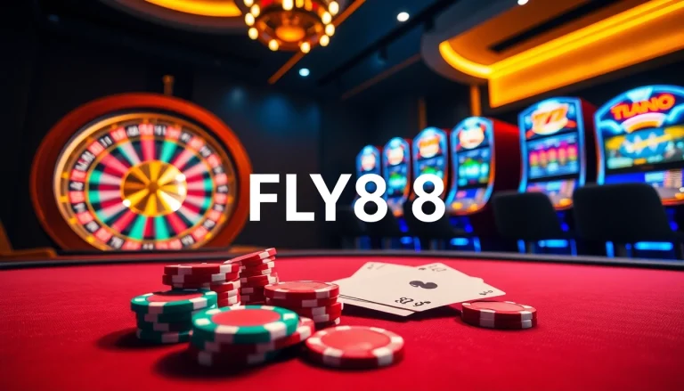 Experience the thrilling atmosphere of FLY88 with vibrant casino games and a luxurious setting.