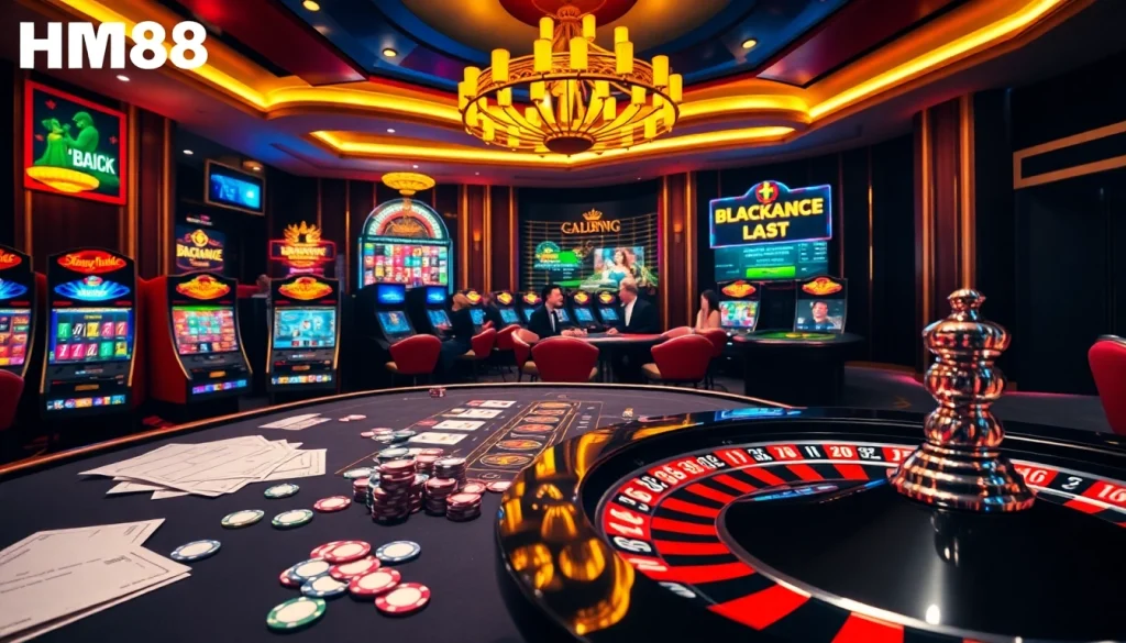 Experience thrilling games at hm88.network, featuring poker tables and roulette wheels in a vibrant casino setting.