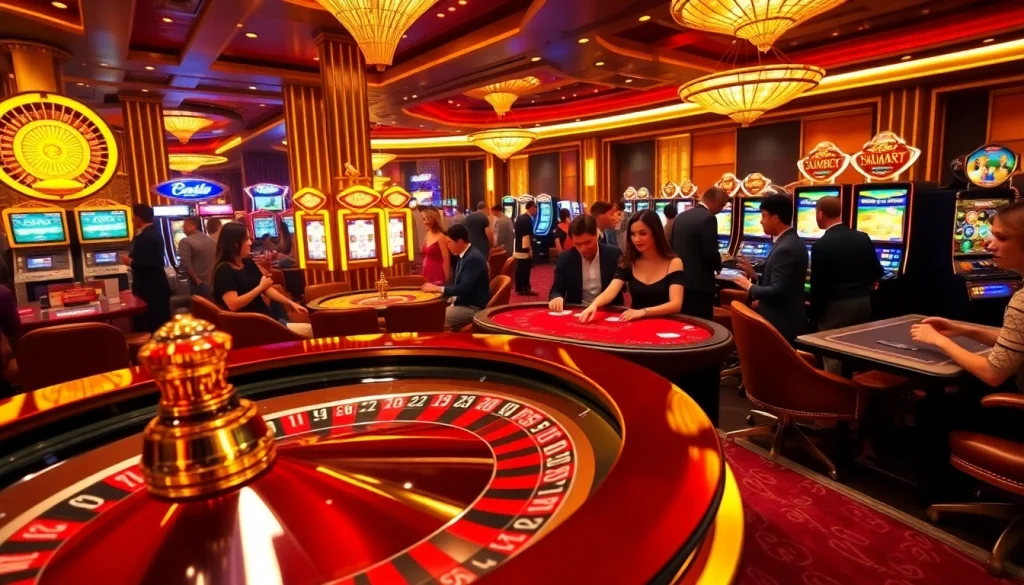 Experience luxury gambling with OKFun at the casino, showcasing roulette, poker, and engaging players.