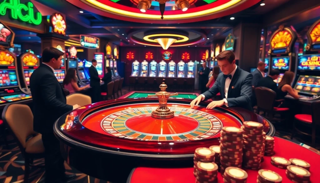 The energetic gaming scene at https://99wincasino.com/ showcasing a roulette table, eager gamblers, and vibrant slot machines.