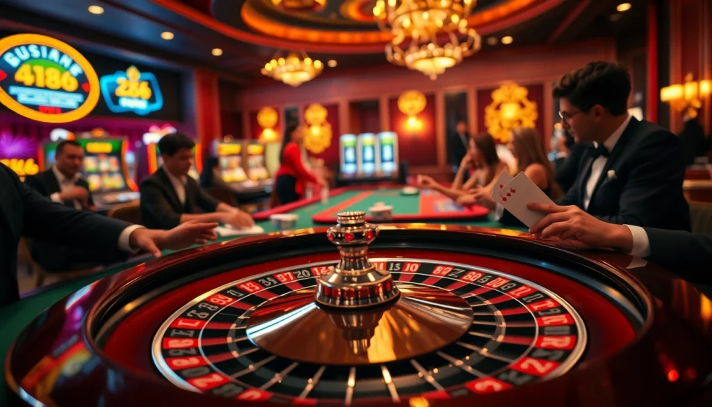 M88 casino players engaged in thrilling games at a glamorous roulette table.