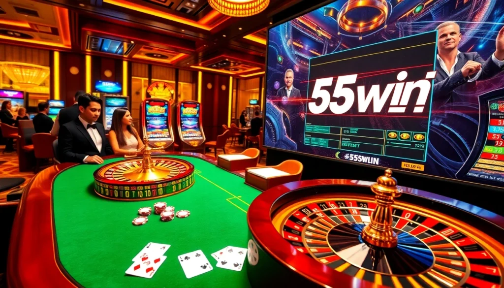 Experience the thrill of gambling at a luxurious casino featuring 55win, with vibrant tables and eager players.