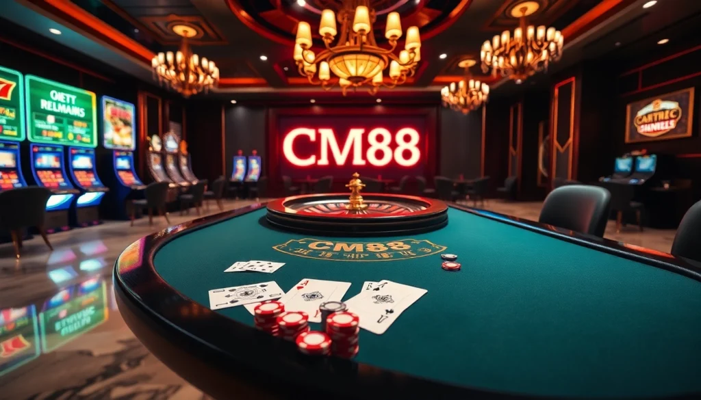 Experience the thrill of gambling at CM88 with vibrant casino tables and spinning roulette wheels.