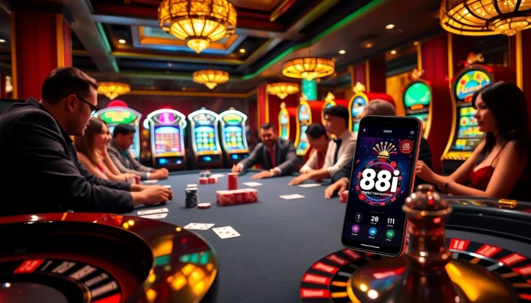 Players strategizing at a luxurious poker table in the vibrant 88i casino.