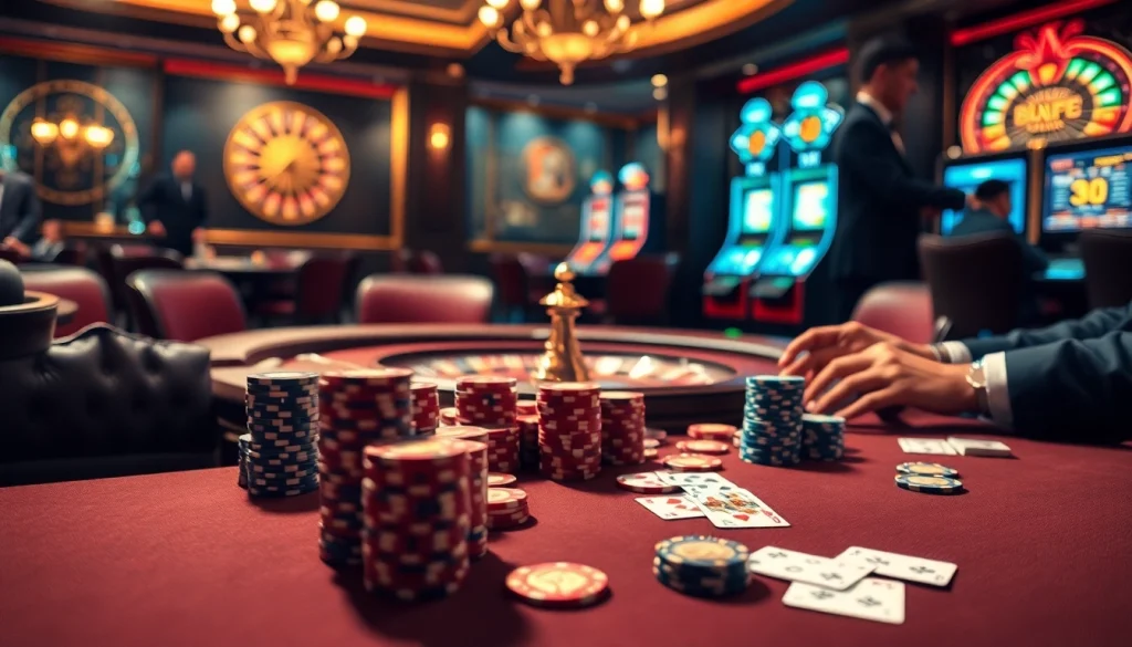 Tập đoàn truyền thông TPJ engaging players in a thrilling casino atmosphere with poker, roulette, and exciting visuals.