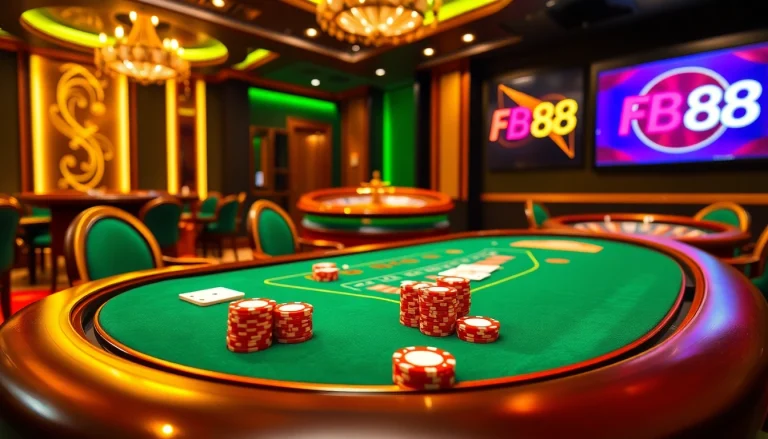 Experience the thrill of gaming at Fb88 with an elegant blackjack table and roulette wheel.