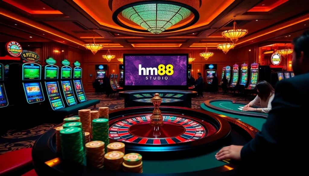 Engaged players enjoy a thrilling game at hm88.studio casino, with vibrant poker chips and a spinning roulette wheel.