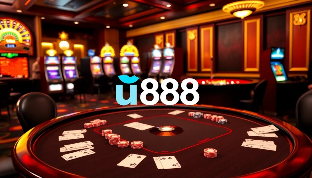 Experience the thrilling games of u888 at an elegant casino table with vibrant chips and cards.