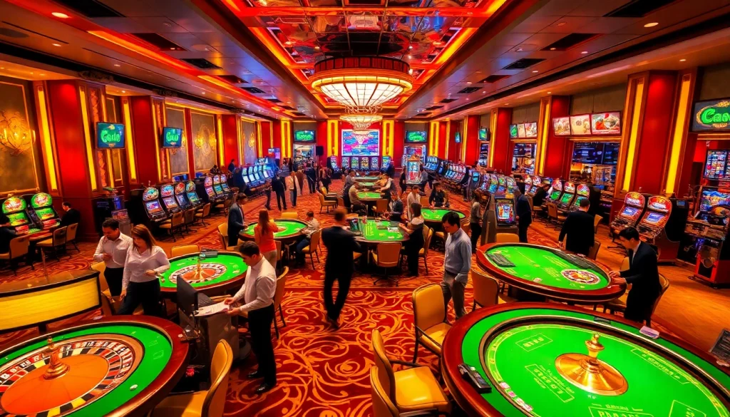 Engaging scene of king88 casino with players at roulette and poker tables, showcasing excitement.