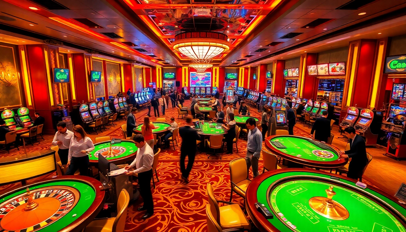 Engaging scene of king88 casino with players at roulette and poker tables, showcasing excitement.