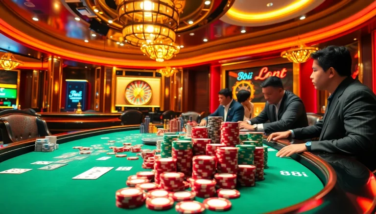 Players enjoying a thrilling poker game at the 88i casino table with vibrant chips and cards.
