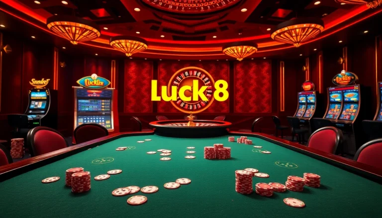 Luck8 poker night with vibrant casino atmosphere and luxury gaming.