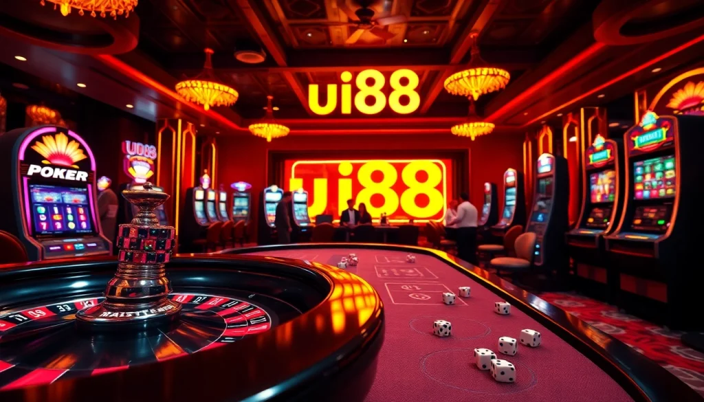 Experience excitement at uu88 casino with players at the poker table and vibrant slot machines.