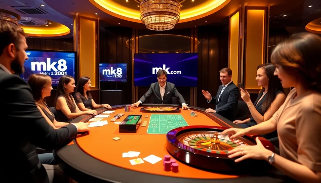 Excited players placing bets at a luxurious table with mk8.com branding in a vibrant casino atmosphere.