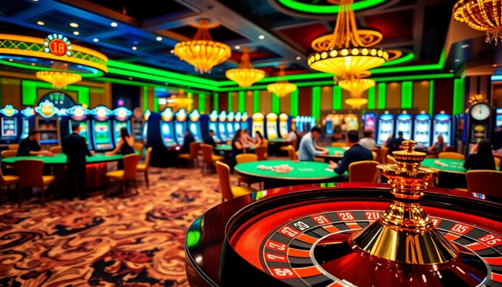 Exciting casino gaming with players at tables showcasing da88 poker chips and vibrant slot machines.
