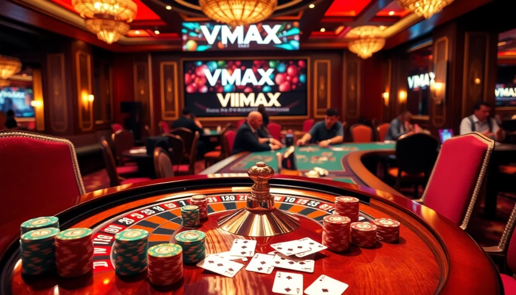 Experience thrilling gaming action at https://vmax1.co/ with a vibrant roulette wheel and poker chips.