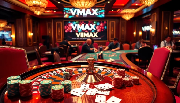 Experience thrilling gaming action at https://vmax1.co/ with a vibrant roulette wheel and poker chips.