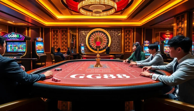 Players enjoying a thrilling game at the GG88 COM casino table, showcasing excitement and luxury.