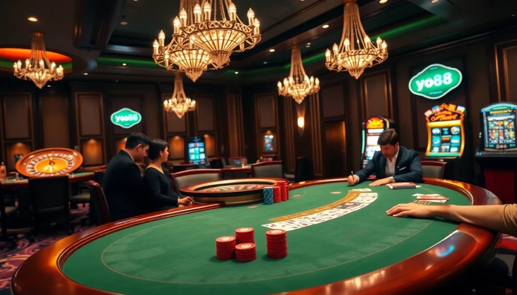 Engaging gamers at a yo88 poker table with vibrant chips and thrilling atmosphere.