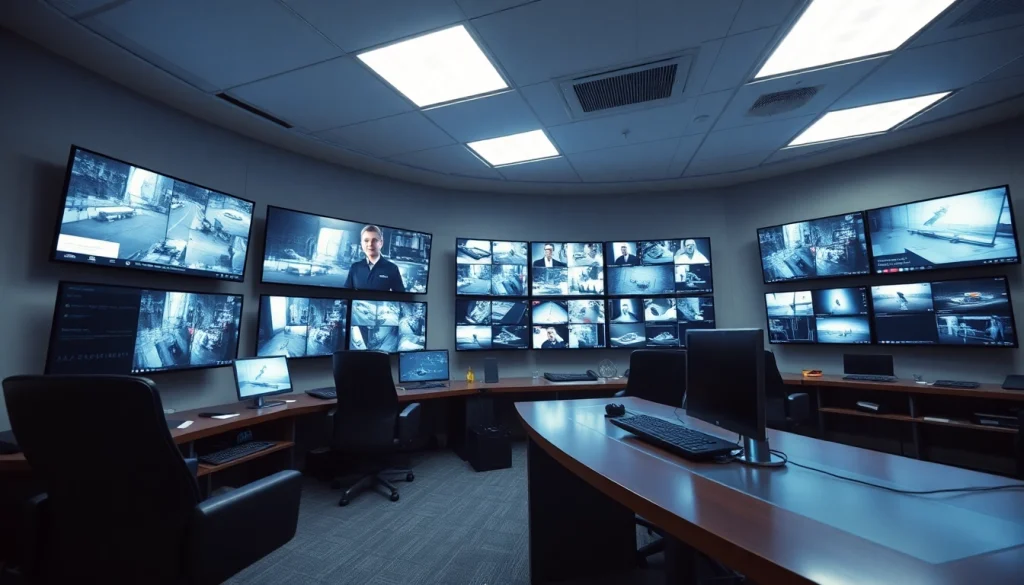 CCTV analytics technology in action, showing multiple surveillance feeds in a modern setup.