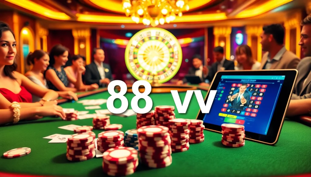 Players enjoying a luxurious poker game at 88vv casino, showcasing vibrant chips and cards.