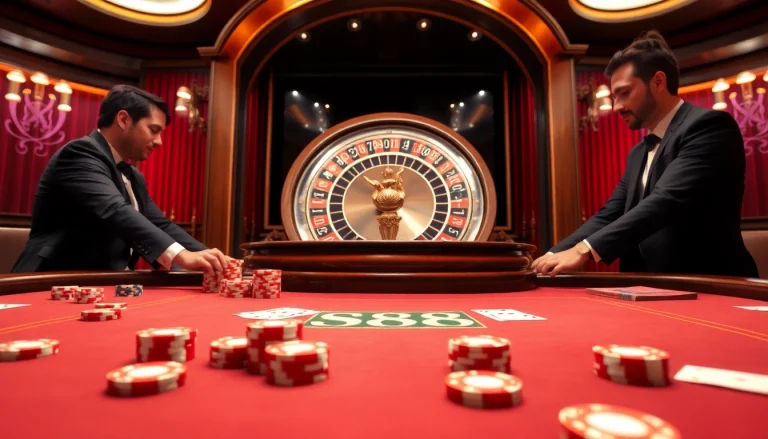 Players engaging in high-stakes action at the S88 poker table amidst a vibrant casino atmosphere.