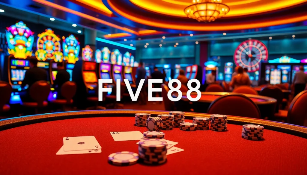 Experience the excitement of FIVE88 at a vibrant casino with poker tables and slot machines.