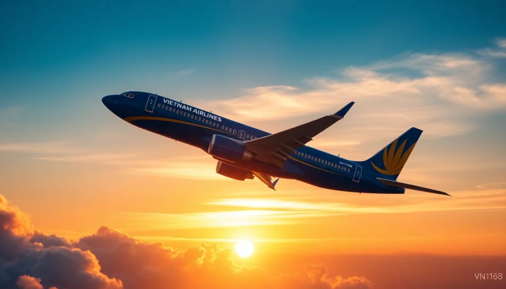 VN168 flight soaring through a stunning sunset sky, showcasing Vietnam Airlines' aircraft in vibrant colors.