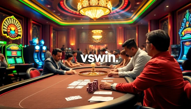 Join the excitement at vswin.com with professional gamblers at a luxurious poker table.