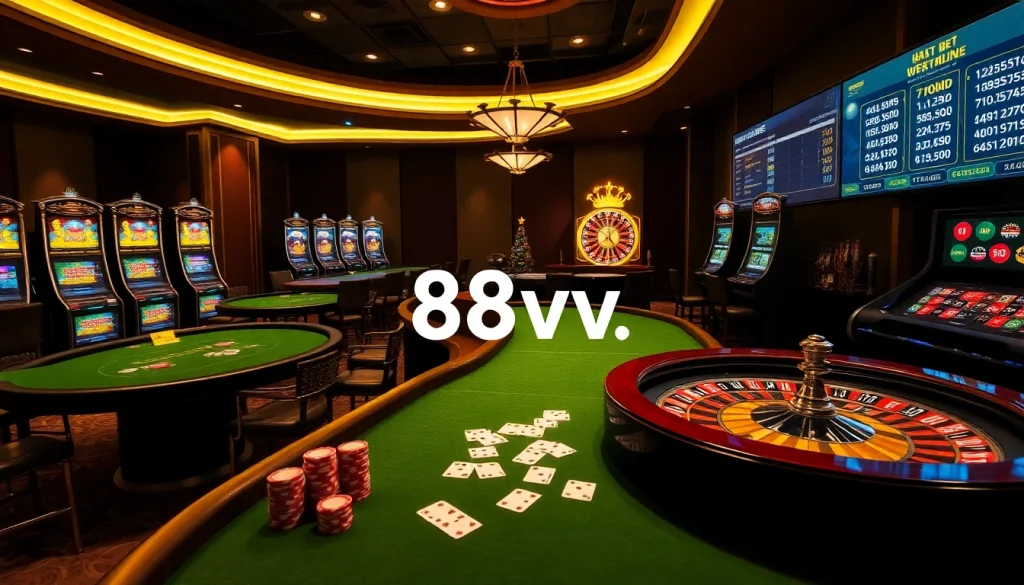 88vv online casino scene showcasing vibrant slot machines, poker chips, and roulette wheels.