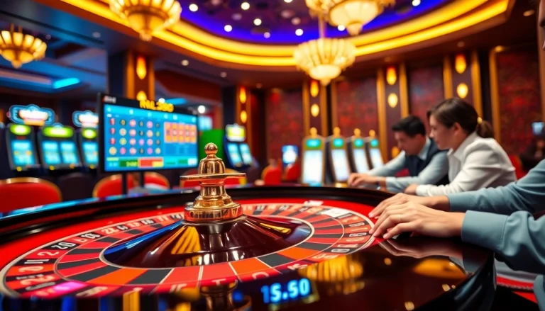 Experience excitement with rr88 đăng nhập at a luxurious casino, featuring vibrant roulette and engaging players.