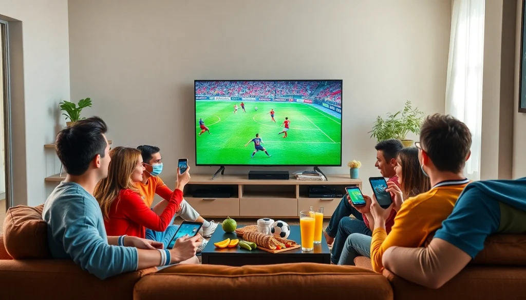 Friends enjoying a live soccer match on vaoluoi tv in a cozy setting.