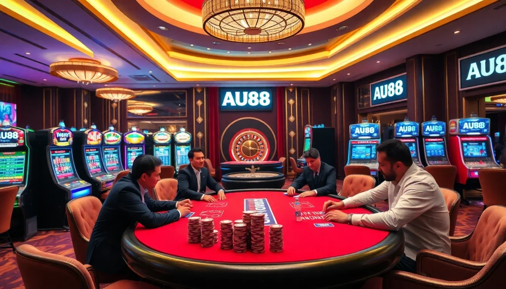 A thrilling casino experience at AU88 with players enjoying poker, slot machines, and a deluxe roulette setup.