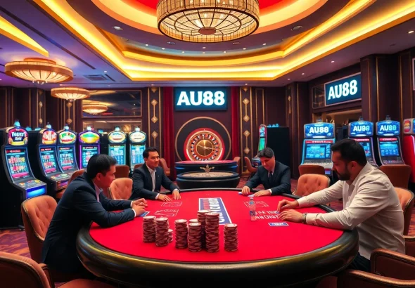 A thrilling casino experience at AU88 with players enjoying poker, slot machines, and a deluxe roulette setup.