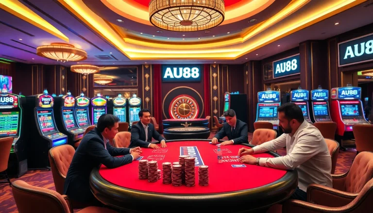 A thrilling casino experience at AU88 with players enjoying poker, slot machines, and a deluxe roulette setup.