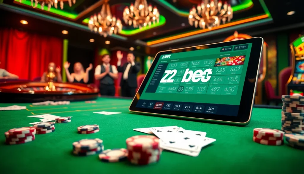 Experience thrills with zbet's online gambling interface amid a vibrant casino backdrop.