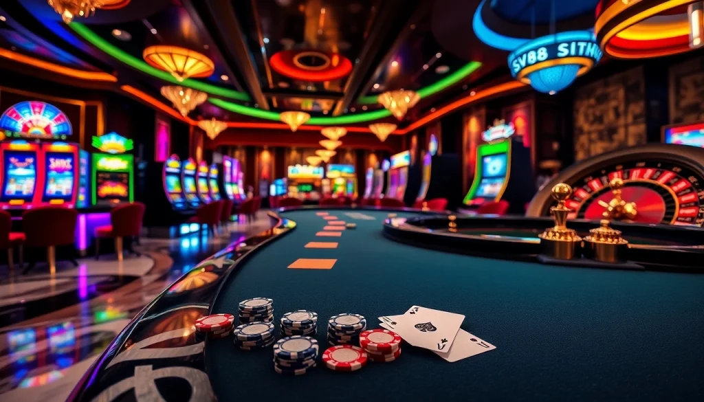 SV88 poker chips and slot machines in a vibrant casino atmosphere.
