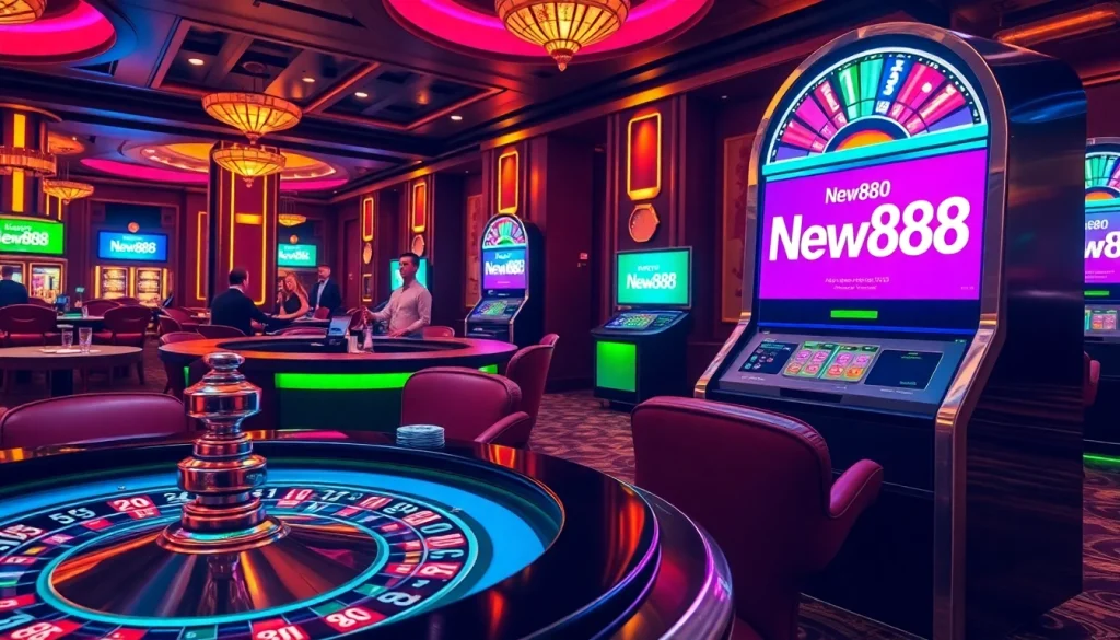 Experience excitement at New888 casino with vibrant tables, chips, and players winning big!