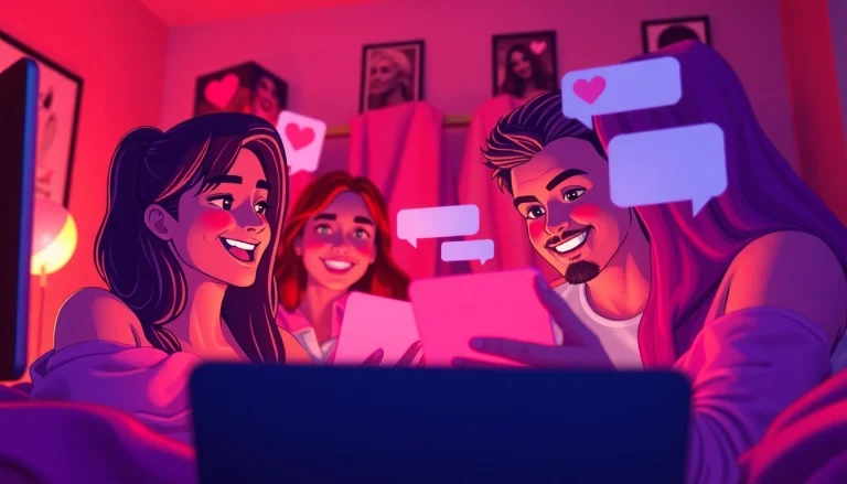 Dynamic sexchat scene showcasing characters engaging in lively chats in a warm, colorful digital environment.