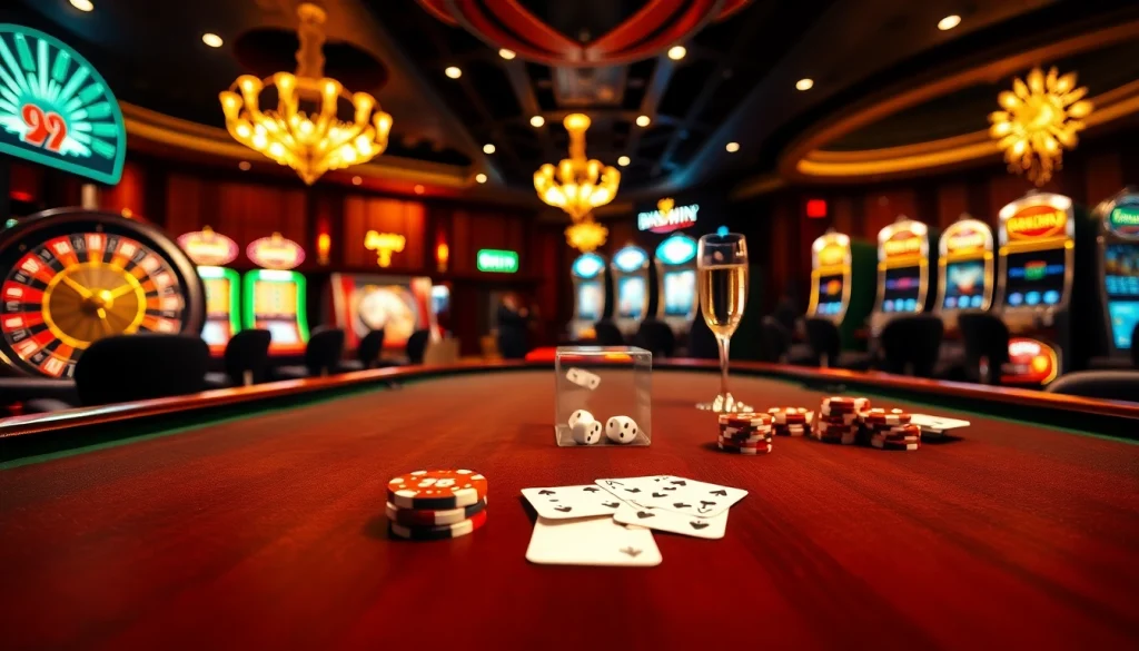 Experience excitement at 98WIN's upscale casino tables featuring poker chips and roulette wheels.