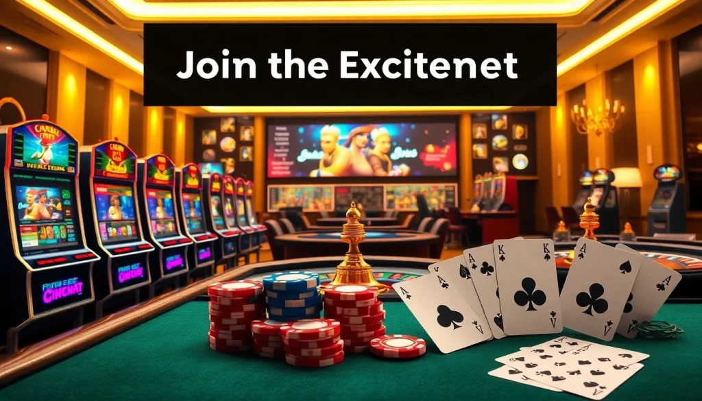 An exciting poker game illustration at https://onbet11.net/ featuring chips, cards, and a roulette table.