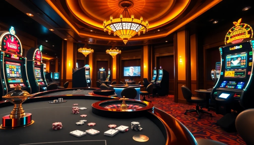 Luck8 casino players engaging with vibrant slot machines and tables in a luxurious setting.
