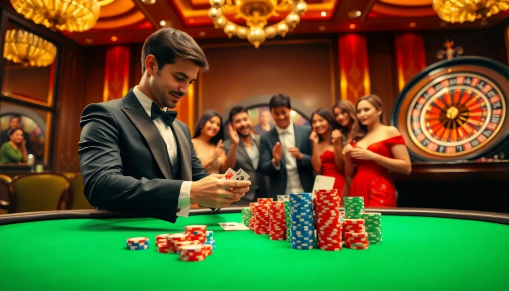 Gamblers enjoying a thrilling poker game at https://s80web.com/ casino with vibrant chips and cards.