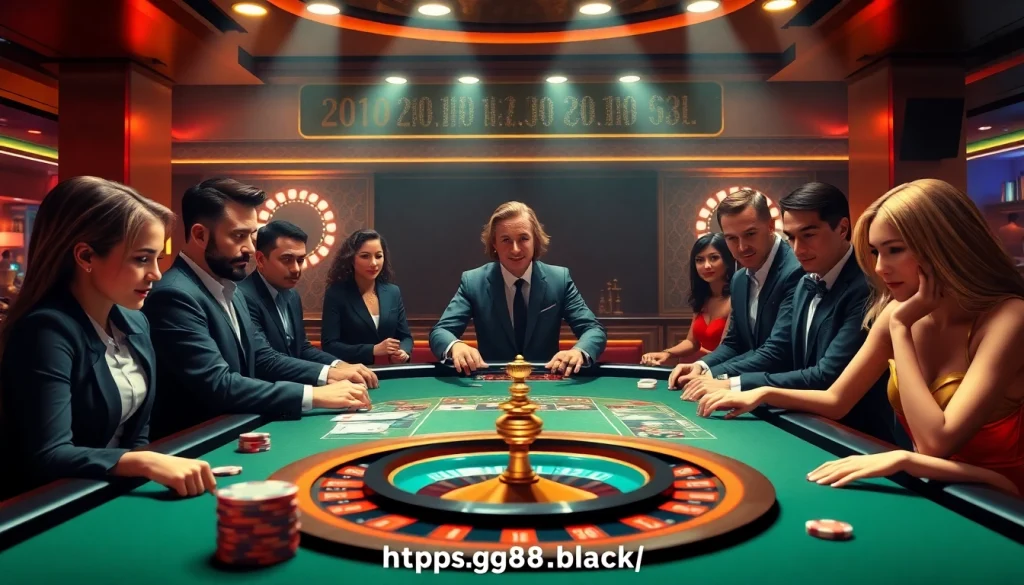 Exciting casino scene with players and a dealer at the table showcasing https://gg88.black/ poker action and thrills.